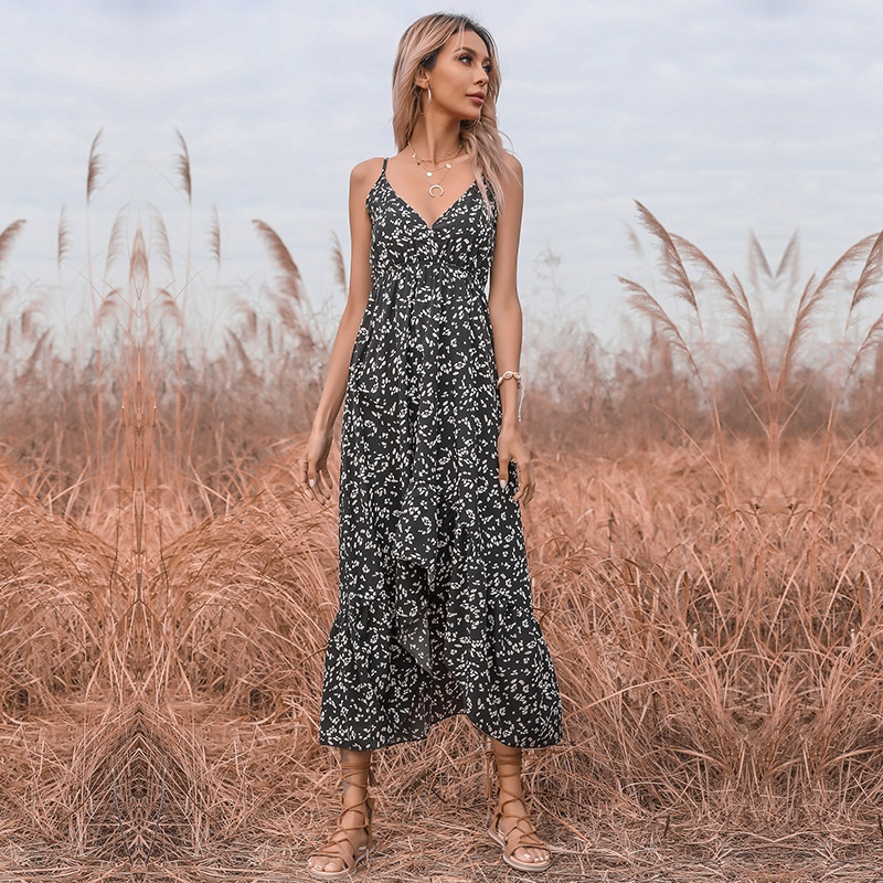 Floral Print V-Neck Spaghetti Strap Midi Dress
