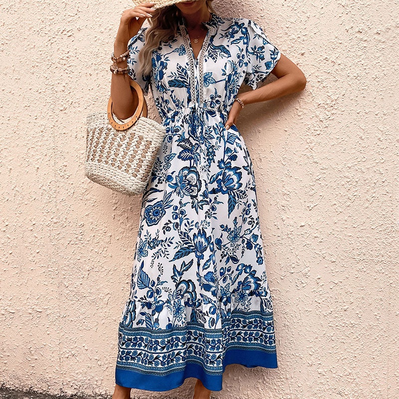 Boho Floral Print V-Neck Drawstring Midi Dress