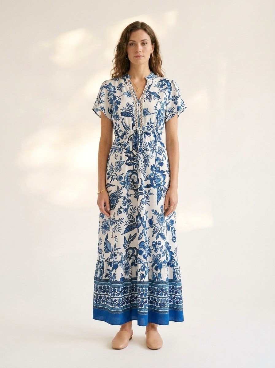 Boho Floral Print V-Neck Drawstring Midi Dress