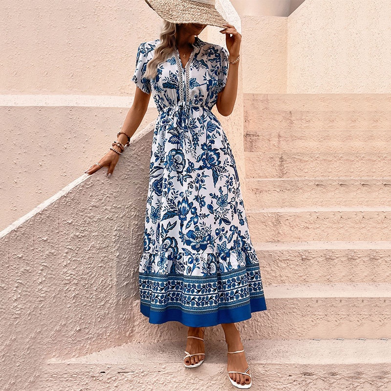 Boho Floral Print V-Neck Drawstring Midi Dress