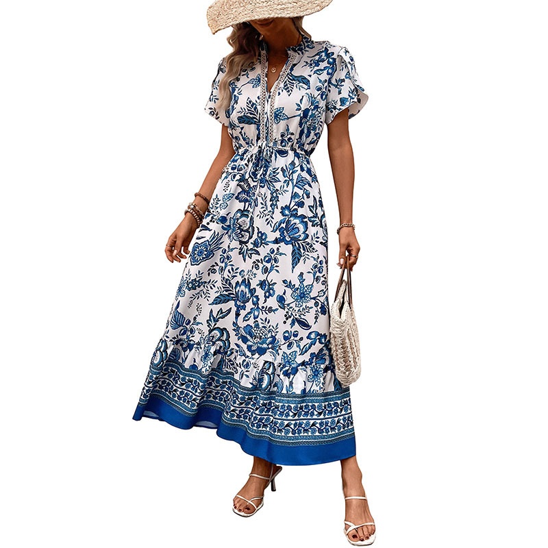 Boho Floral Print V-Neck Drawstring Midi Dress