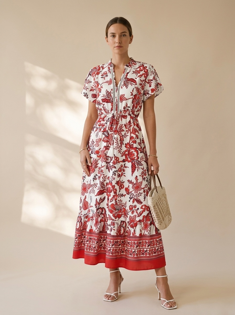 Boho Floral Print V-Neck Drawstring Midi Dress