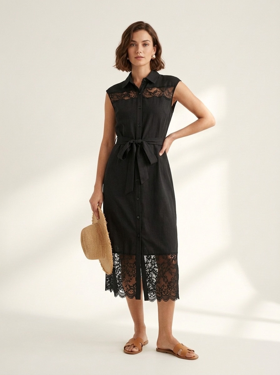 Elegant Black Lace Button-Front Belted Midi Dress