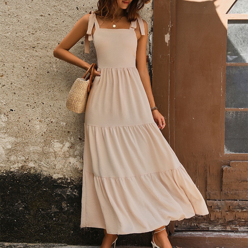Boho Tie-Shoulder Tiered Maxi Dress for Women