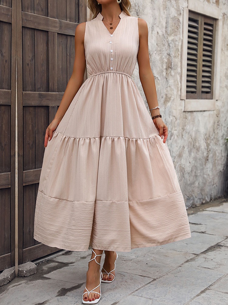 Beige Sleeveless V-Neck Tiered Maxi Dress - Summer Flowy