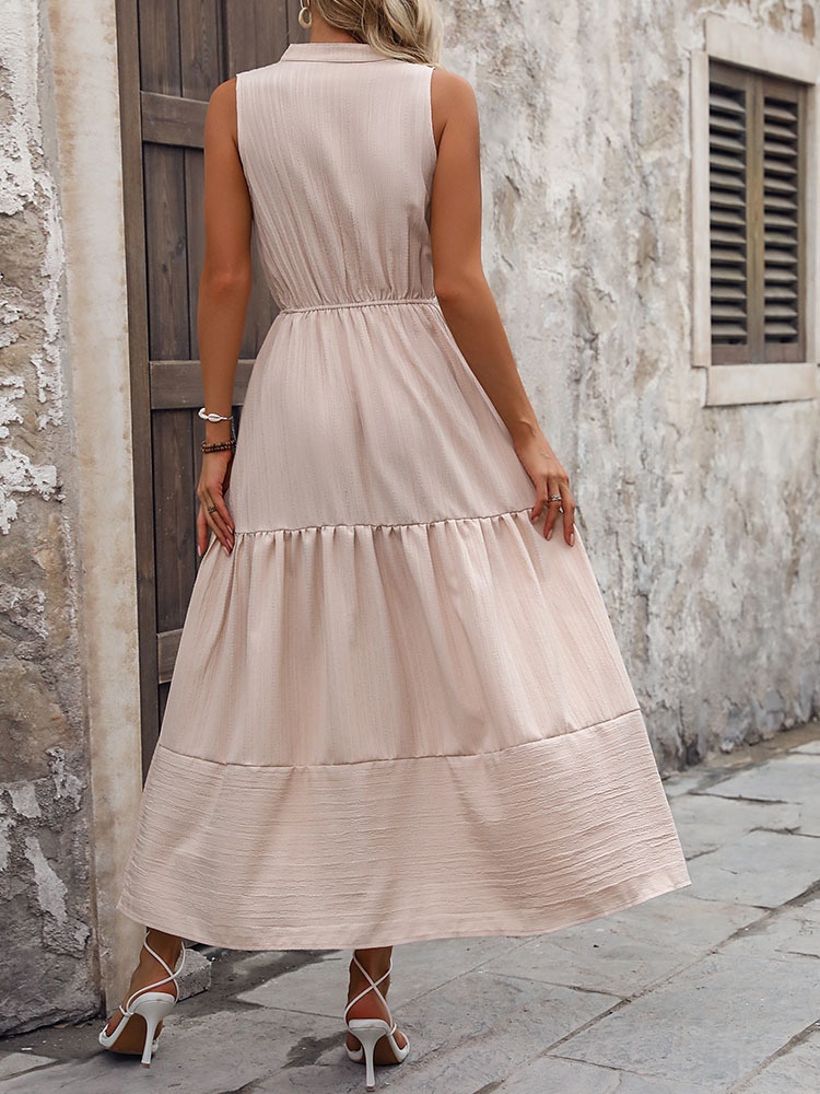 Beige Sleeveless V-Neck Tiered Maxi Dress - Summer Flowy
