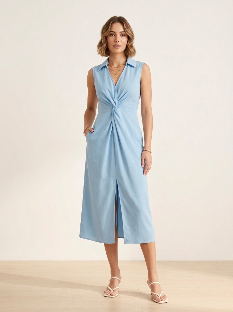 Light Blue Twist Front Sleeveless Midi Dress with Slit