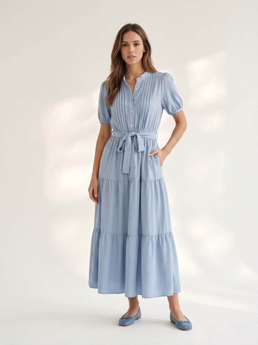 Elegant Light Blue Tiered Midi Dress with Belt
