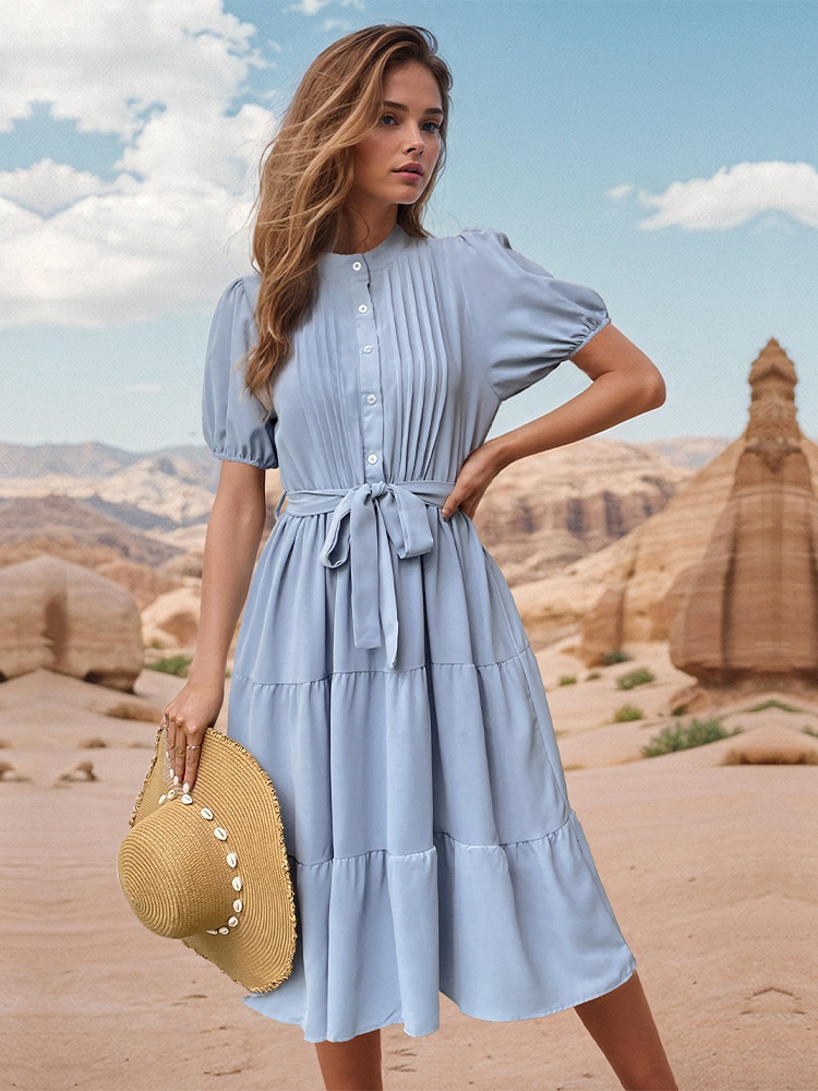 Elegant Light Blue Tiered Midi Dress with Belt