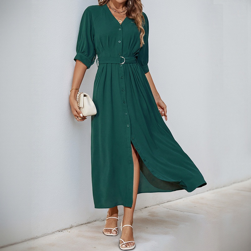Dark Green Button-Down Belted Midi Dress