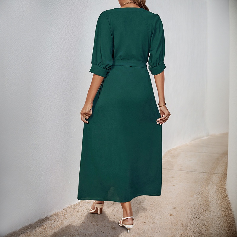 Dark Green Button-Down Belted Midi Dress