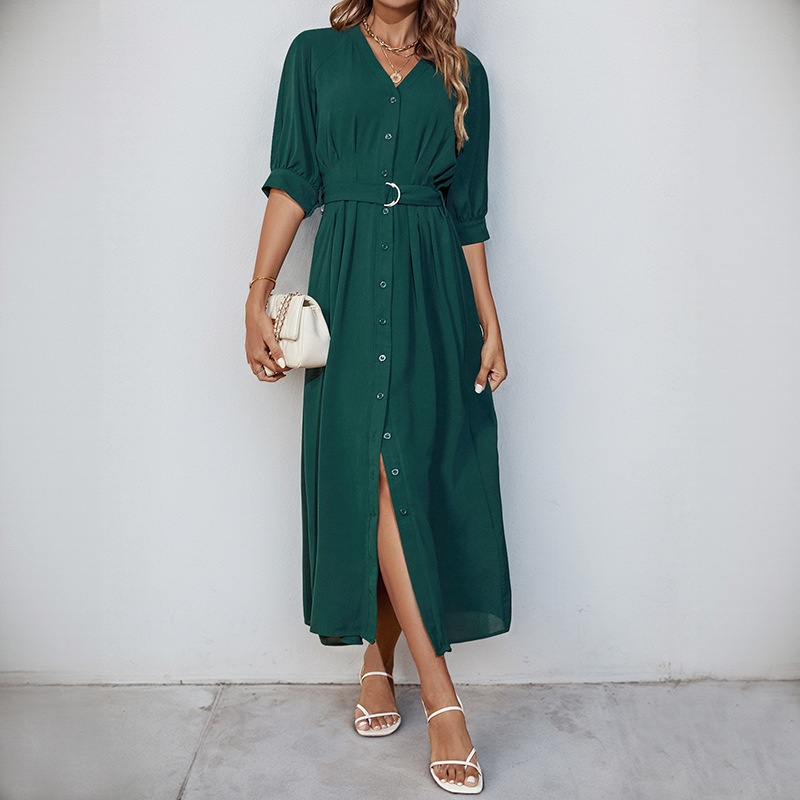 Dark Green Button-Down Belted Midi Dress