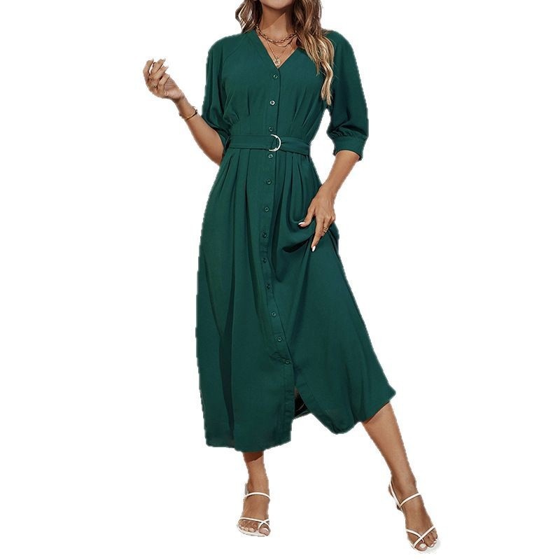 Dark Green Button-Down Belted Midi Dress