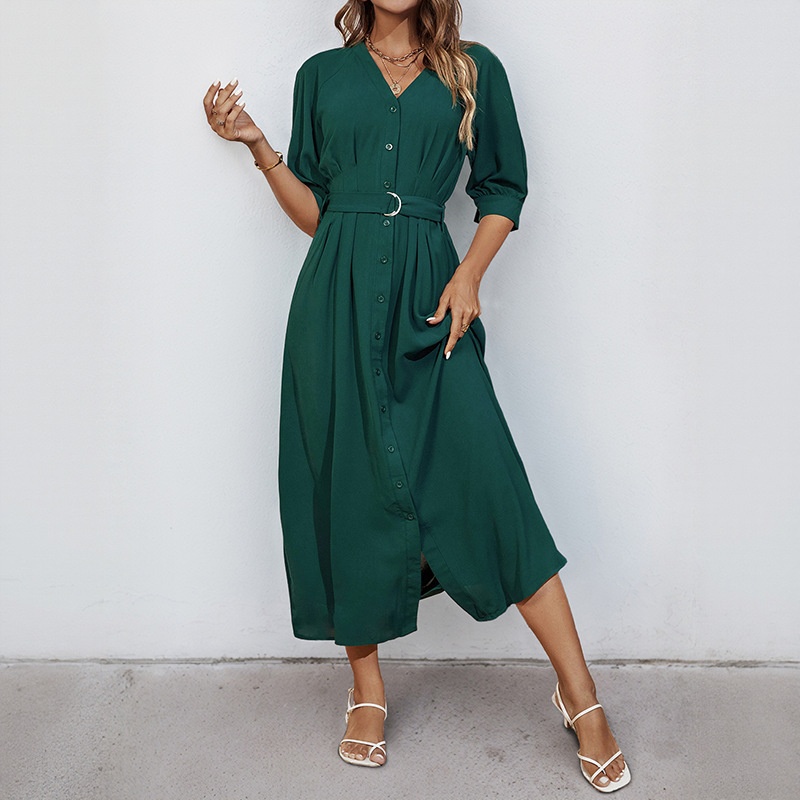 Dark Green Button-Down Belted Midi Dress