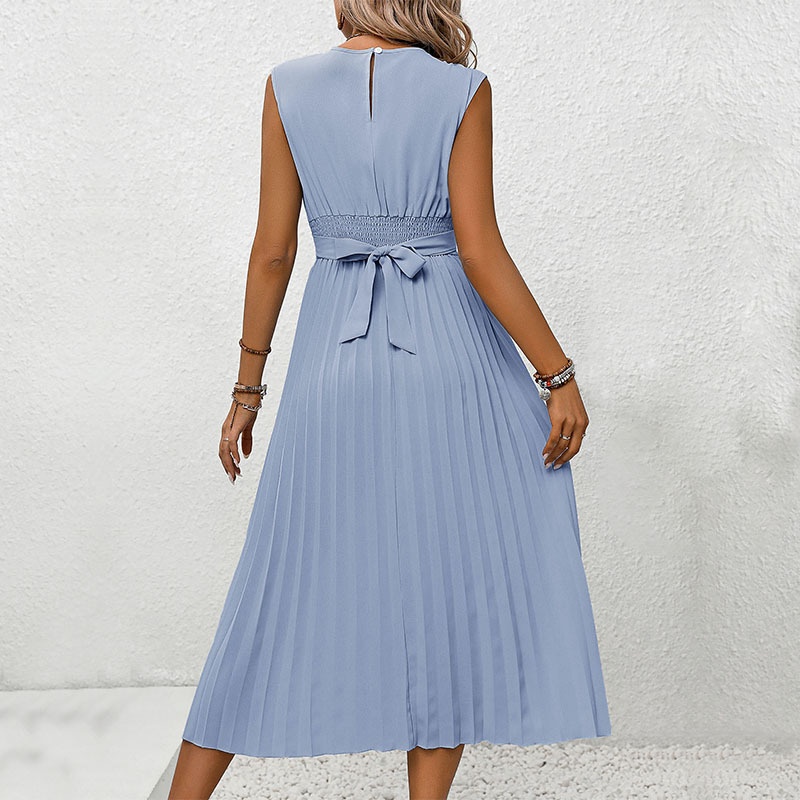 Women's Light Blue Pleated Midi Dress - Sleeveless Summer