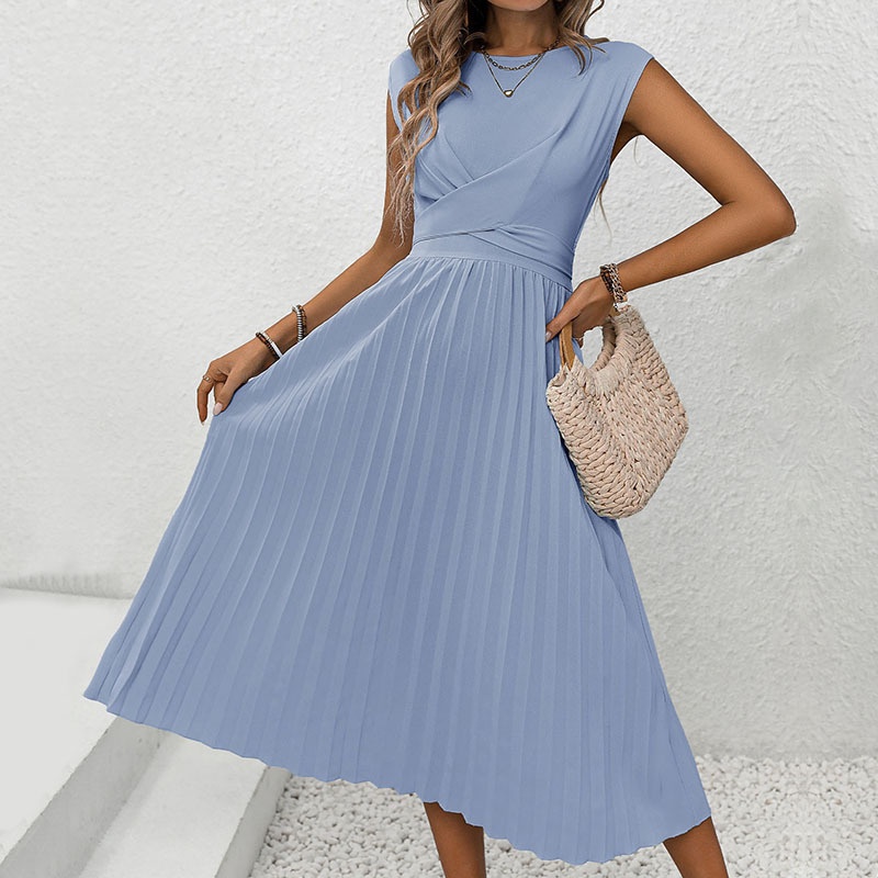 Women's Light Blue Pleated Midi Dress - Sleeveless Summer
