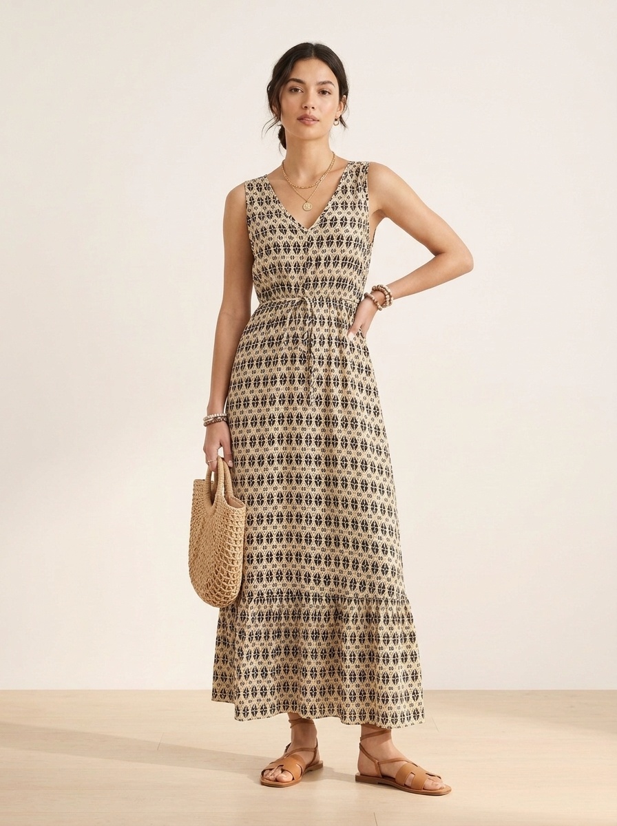 Robe longue sans manches à imprimé géométrique bohème et col en V