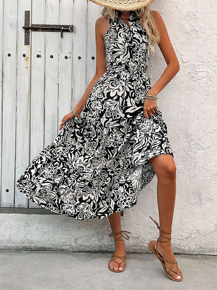 Robe midi à volants, col halter et taille smockée, imprimée de fleurs