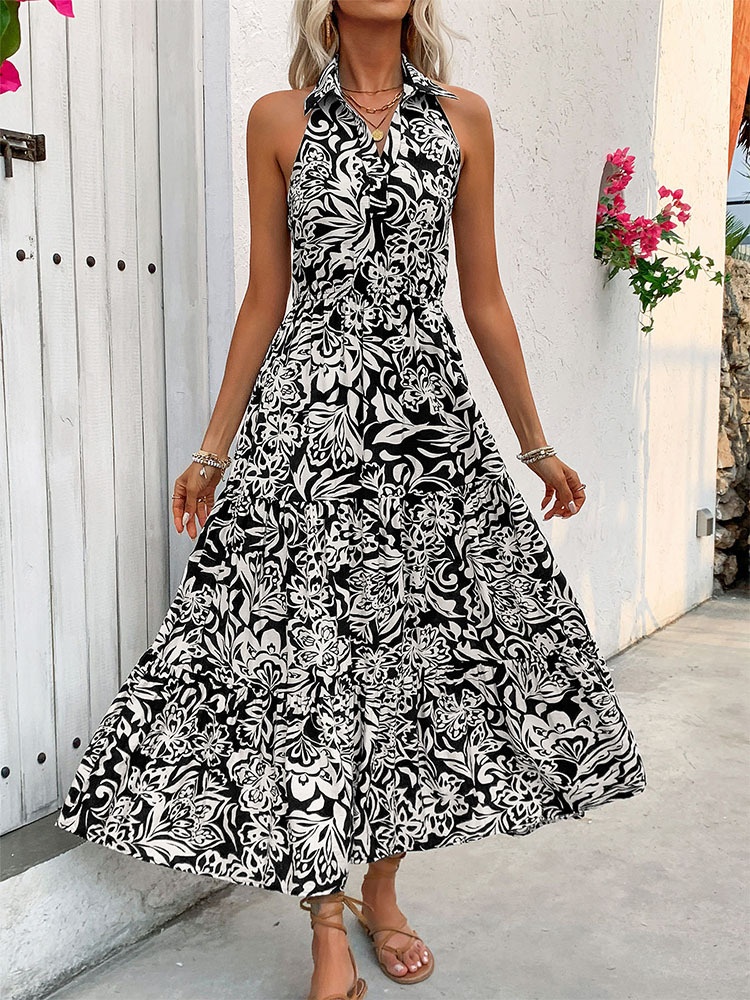 Robe midi à volants, col halter et taille smockée, imprimée de fleurs