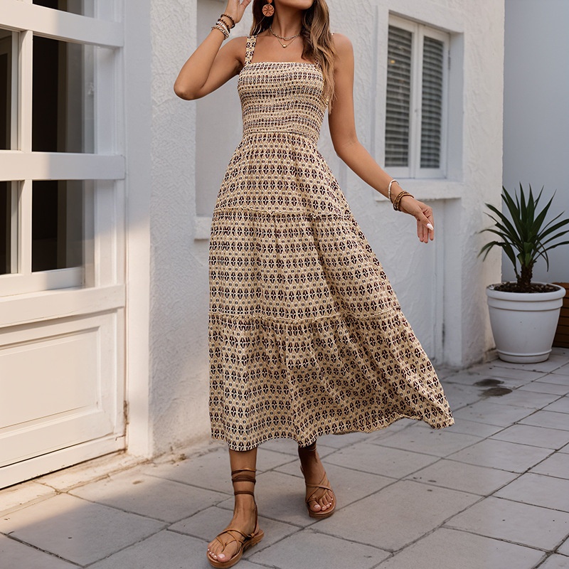 Robe midi bohème à smocks et volants - Imprimé beige et noir