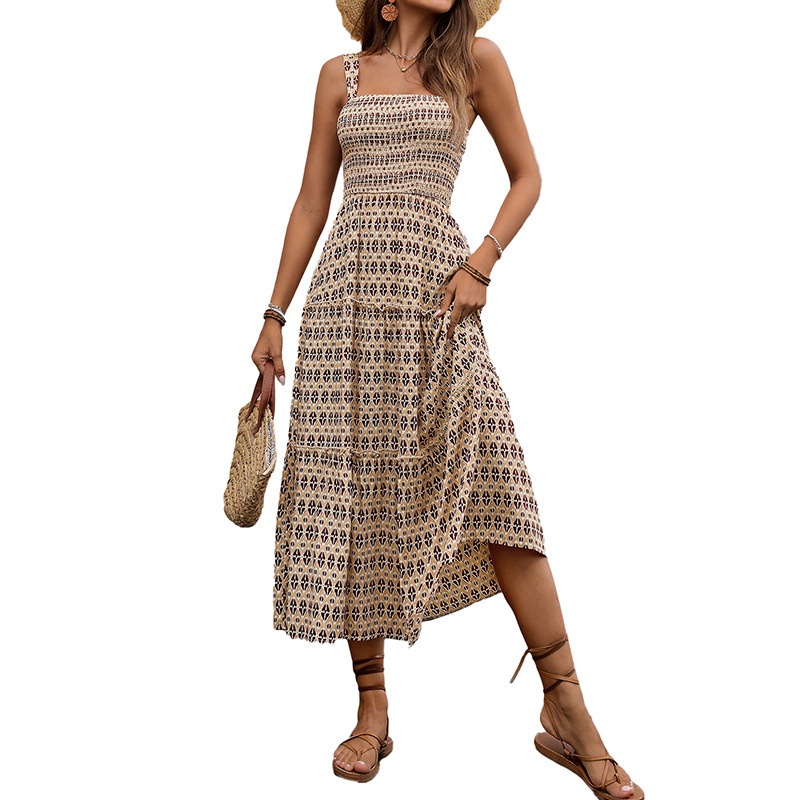 Robe midi bohème à smocks et volants - Imprimé beige et noir