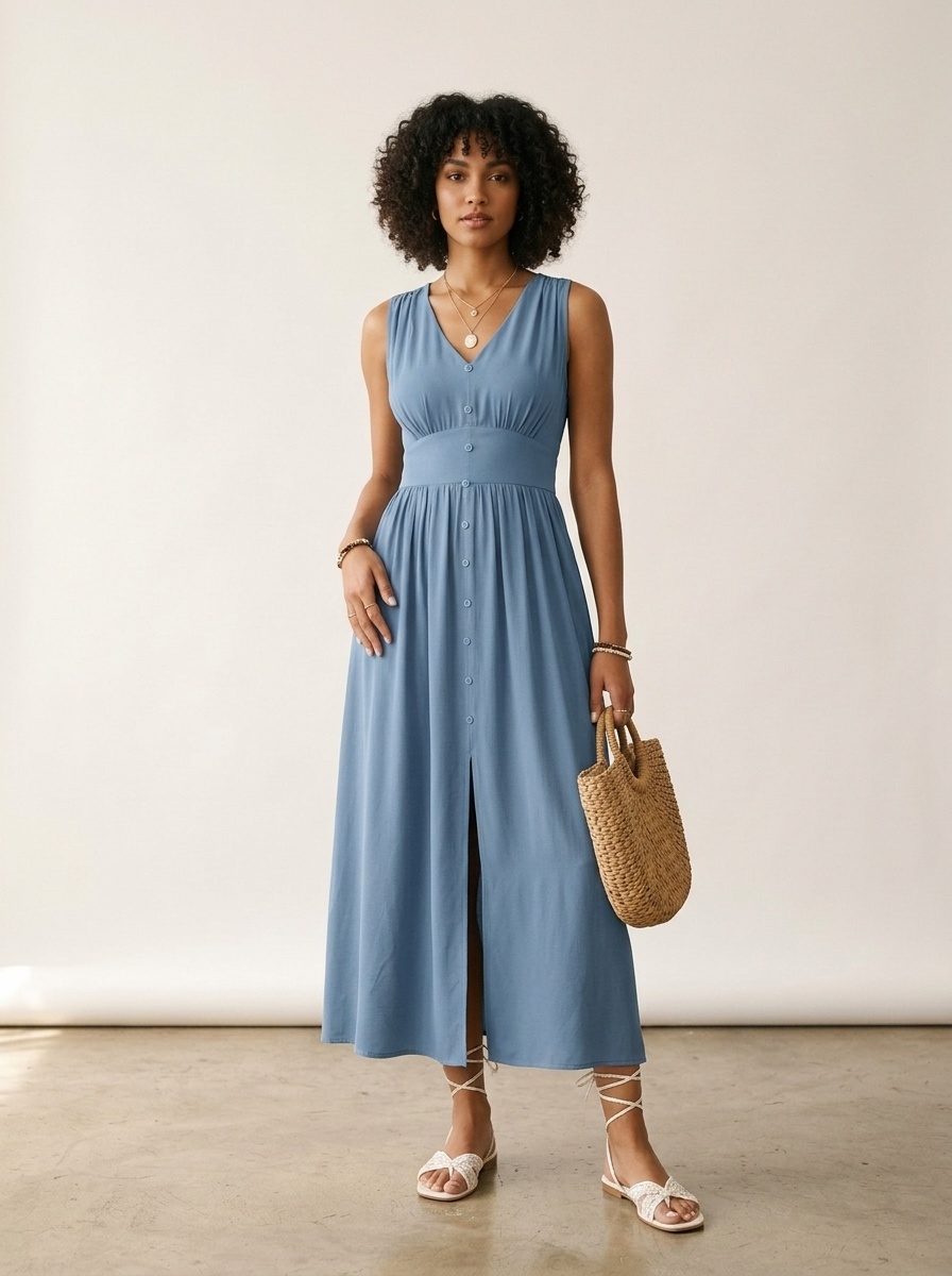 Robe midi sans manches à col en V et taille haute boutonnée sur le devant