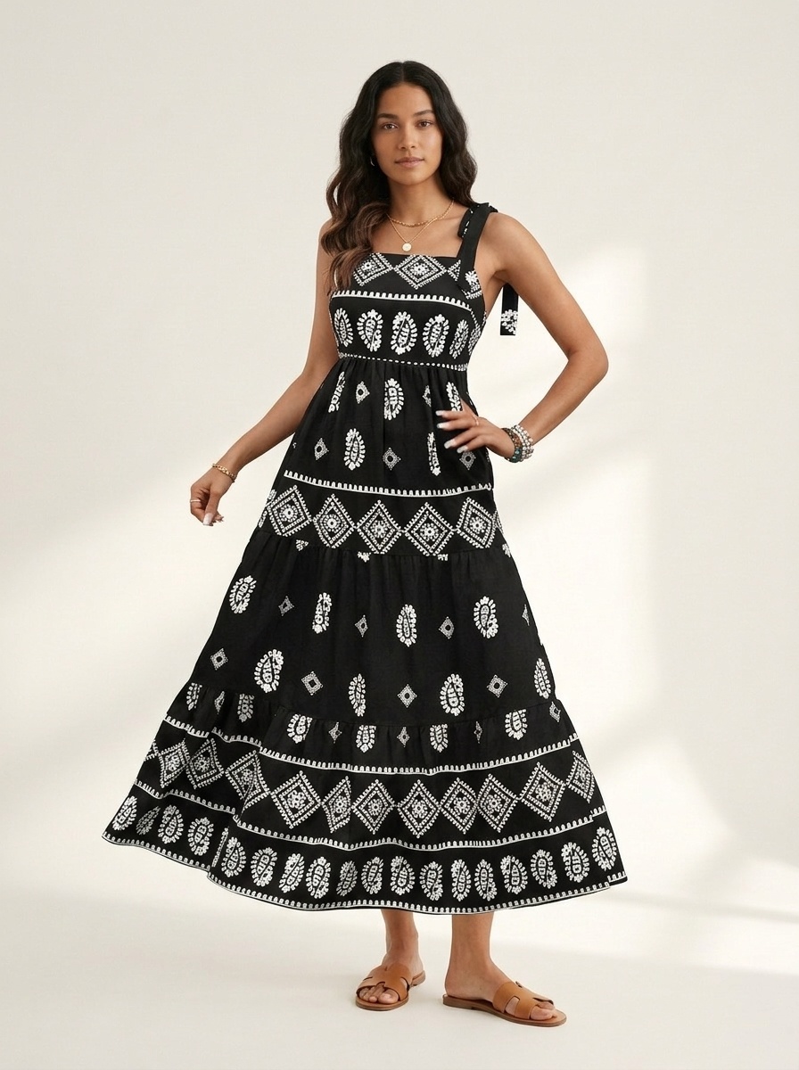 Robe longue bohème noire et blanche à bretelles nouées et à volants