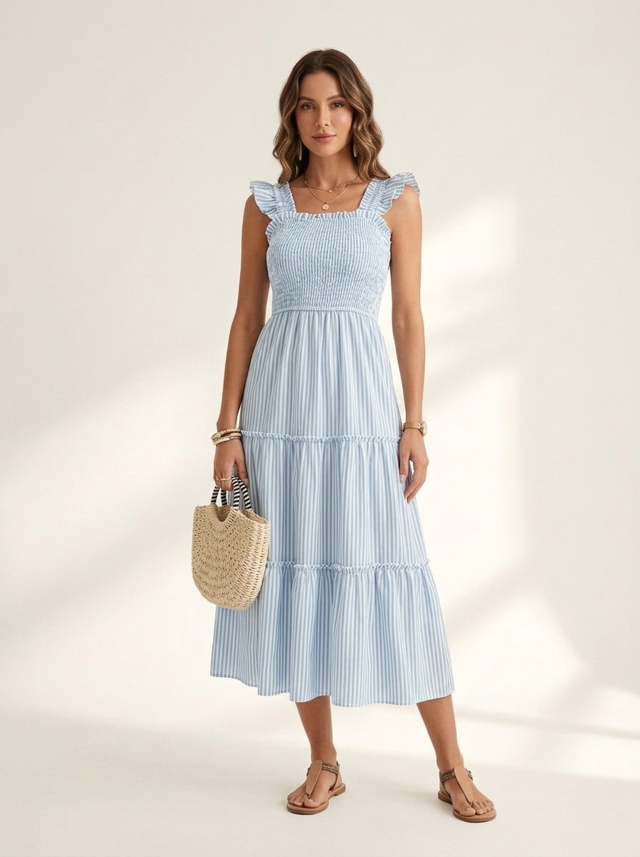 Robe midi rayée à volants et smocks