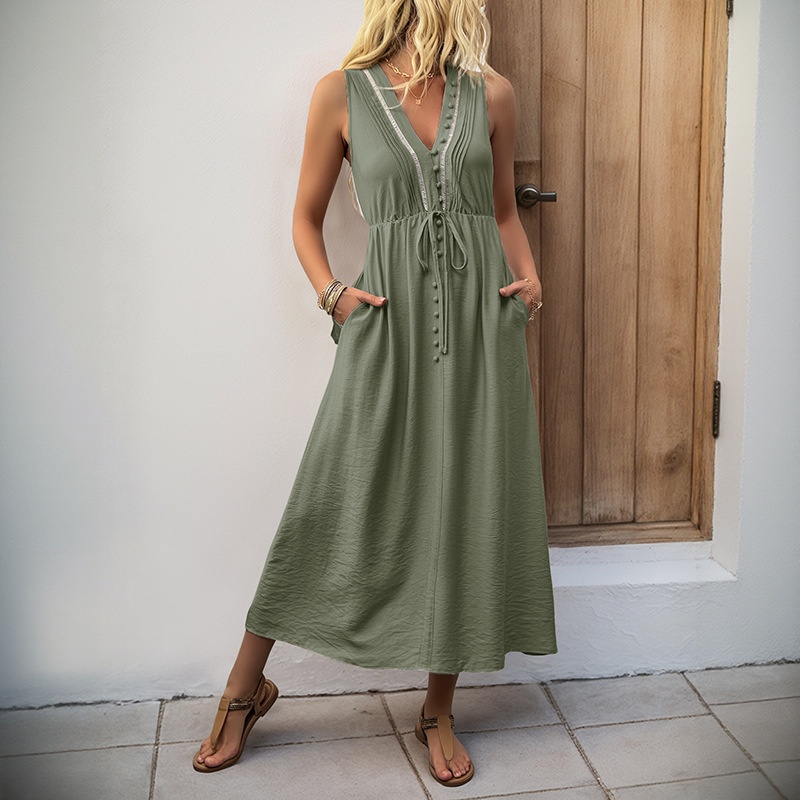 Robe midi sans manches à col en V et cordon de serrage avec poches