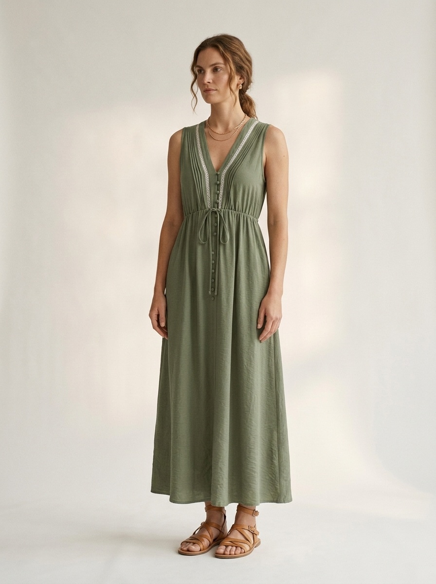 Robe midi sans manches à col en V et cordon de serrage avec poches