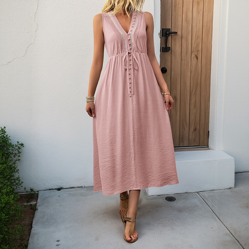 Robe midi sans manches à col en V et cordon de serrage avec poches