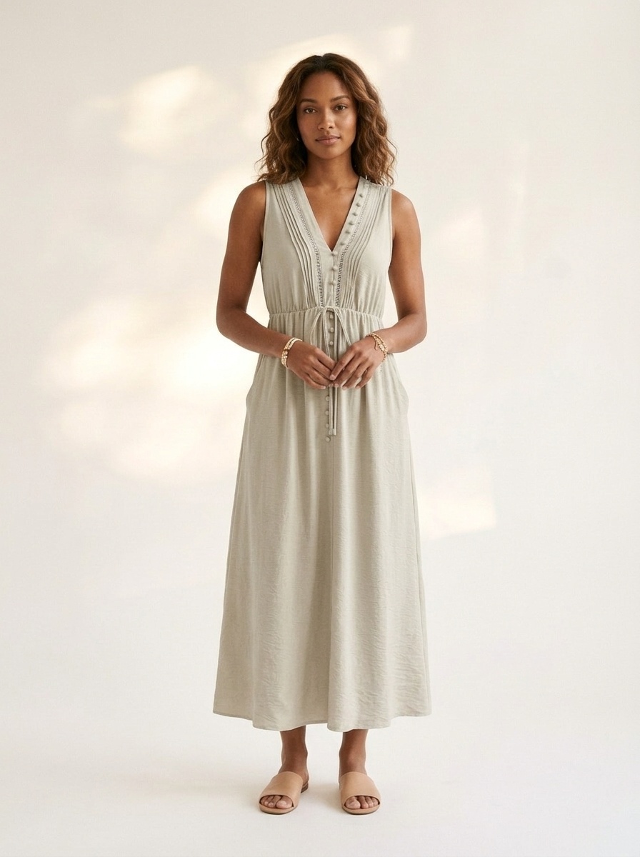 Robe midi sans manches à col en V et cordon de serrage avec poches