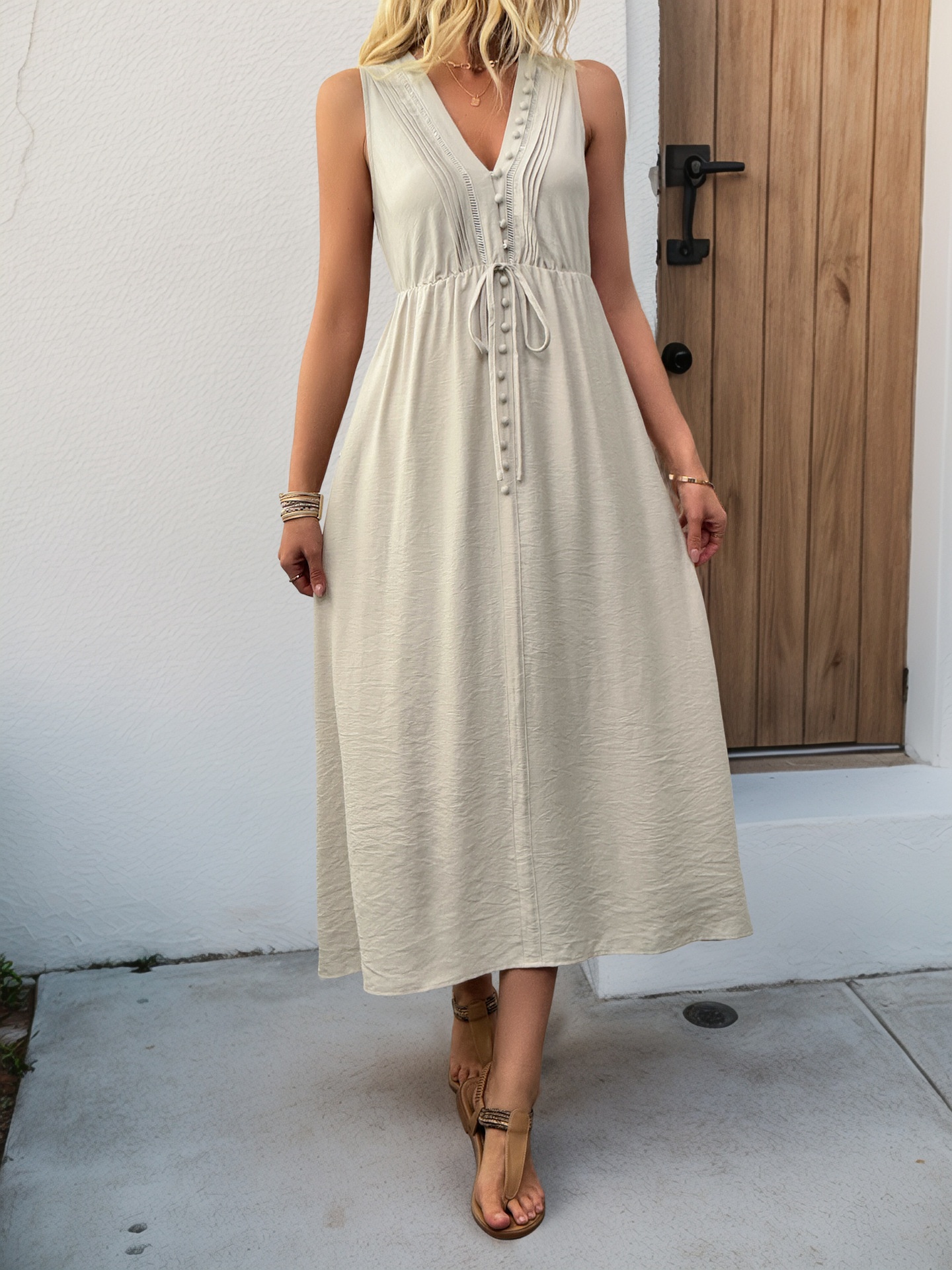 Robe midi sans manches à col en V et cordon de serrage avec poches