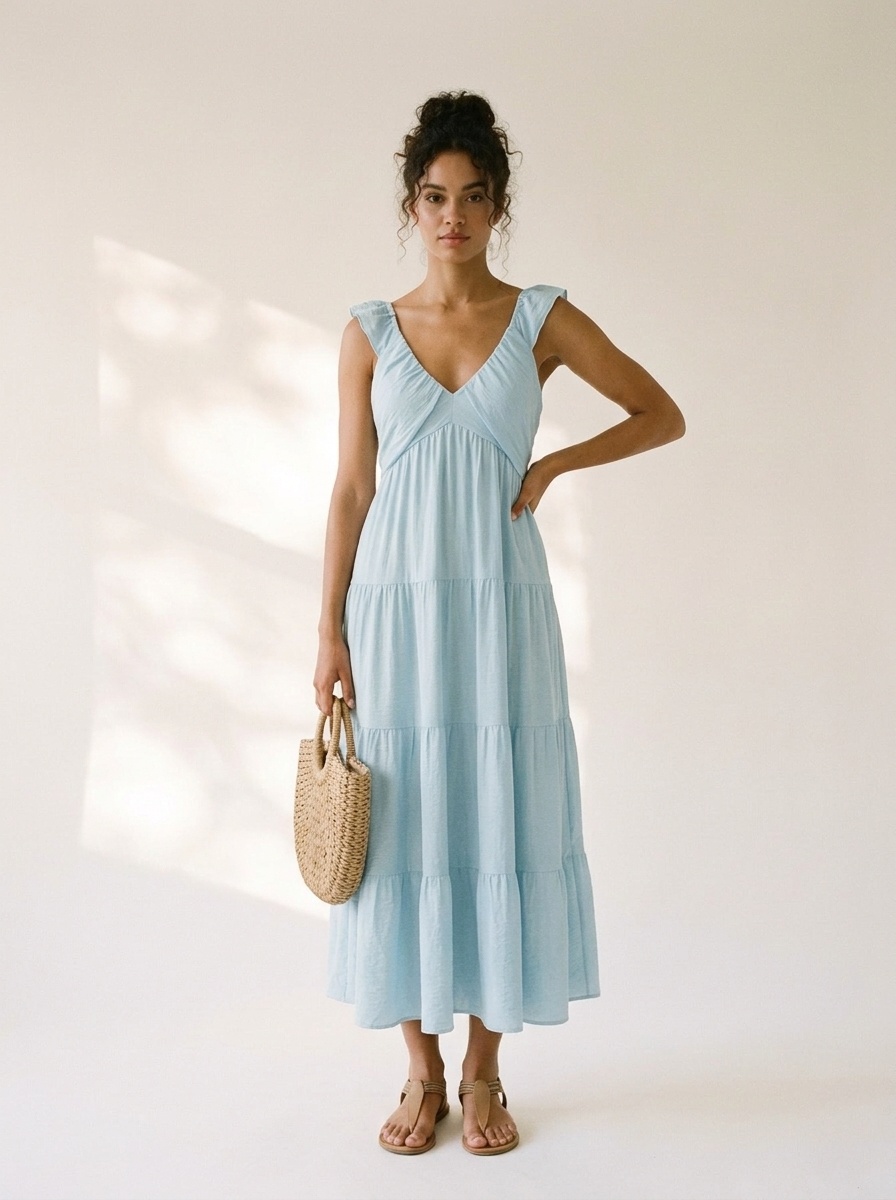 Robe longue bohème à volants étagés et col en V - Fluide d'été