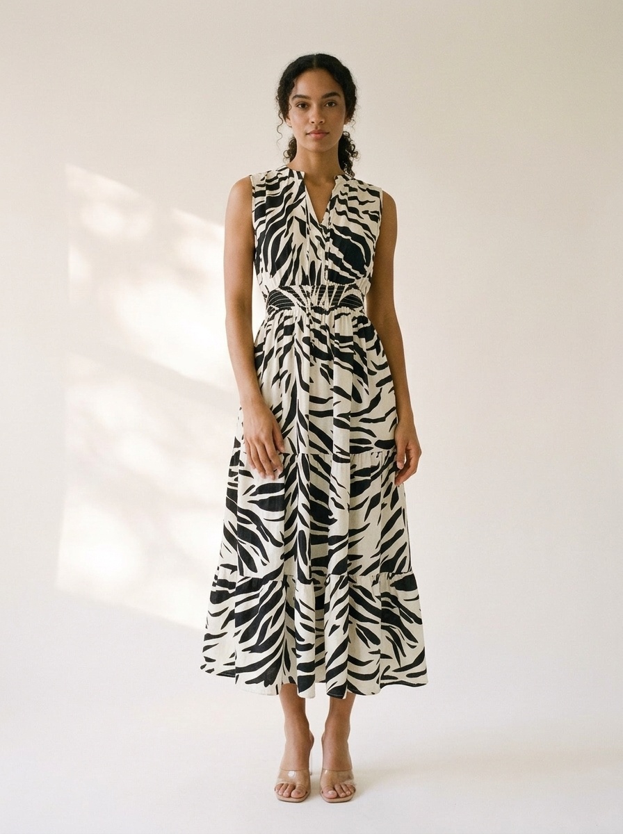 Robe midi sans manches à imprimé zèbre et poches - Style bohème d'été