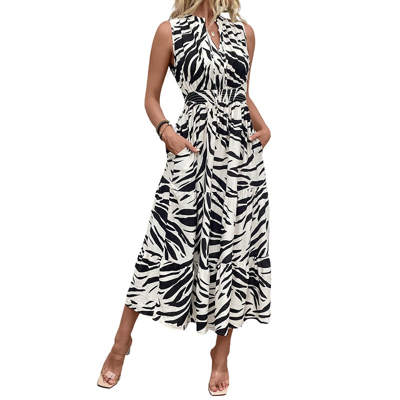 Robe midi sans manches à imprimé zèbre et poches - Style bohème d'été