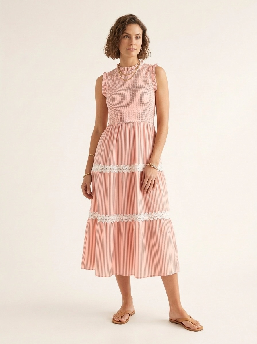 Robe midi à rayures et smocks à volants pour femme