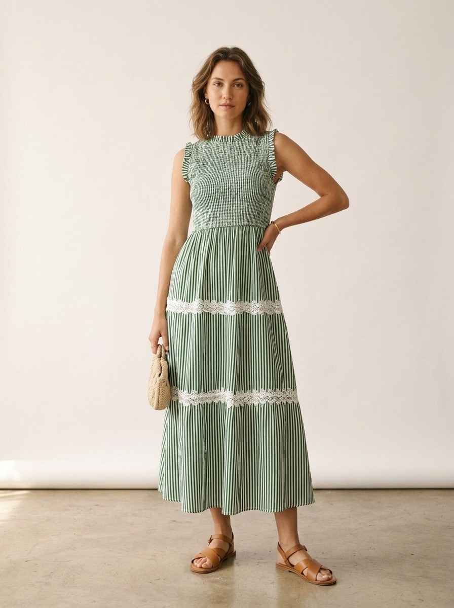 Robe midi à rayures et smocks à volants pour femme