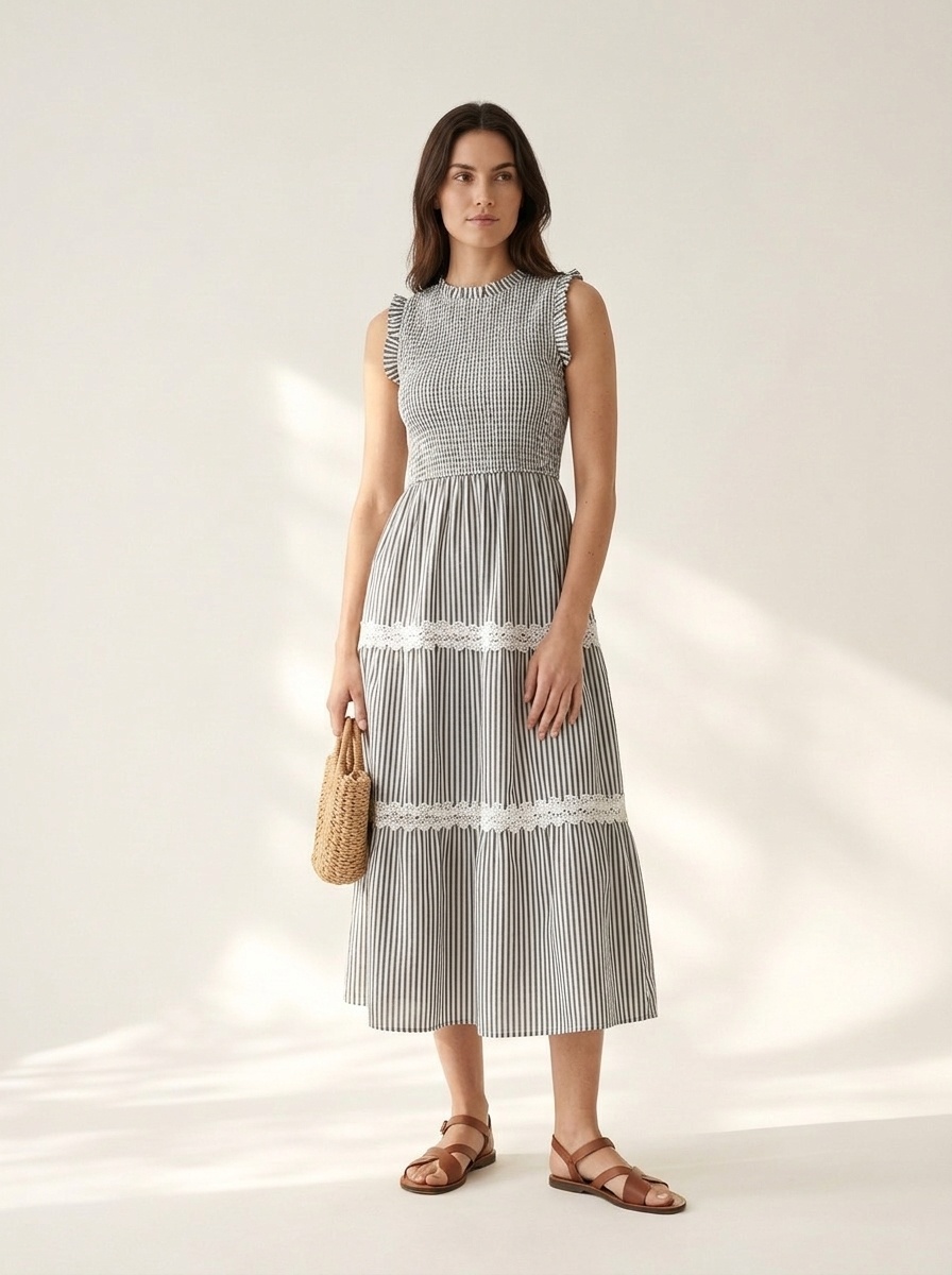 Robe midi à rayures et smocks à volants pour femme