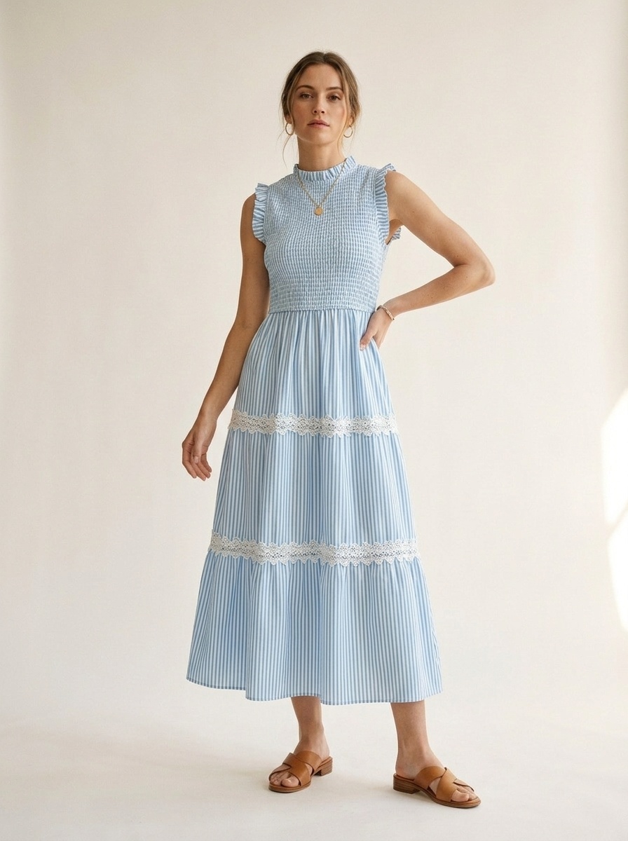 Robe midi à rayures et smocks à volants pour femme