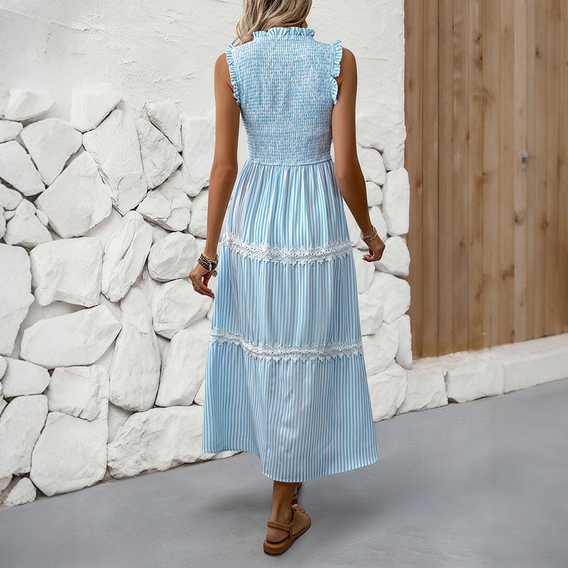 Robe midi à rayures et smocks à volants pour femme