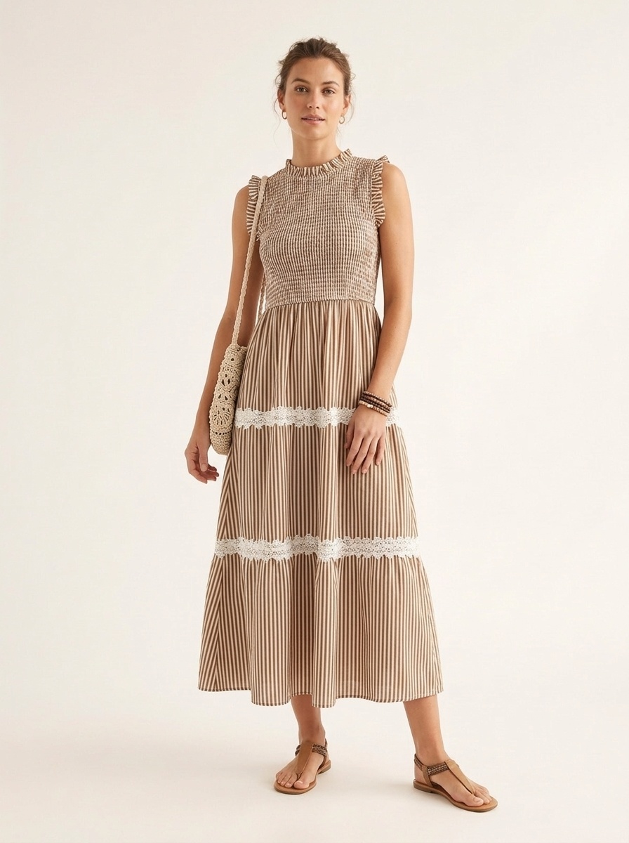 Robe midi à rayures et smocks à volants pour femme