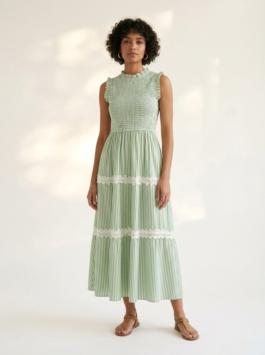 Robe midi à rayures et smocks à volants pour femme