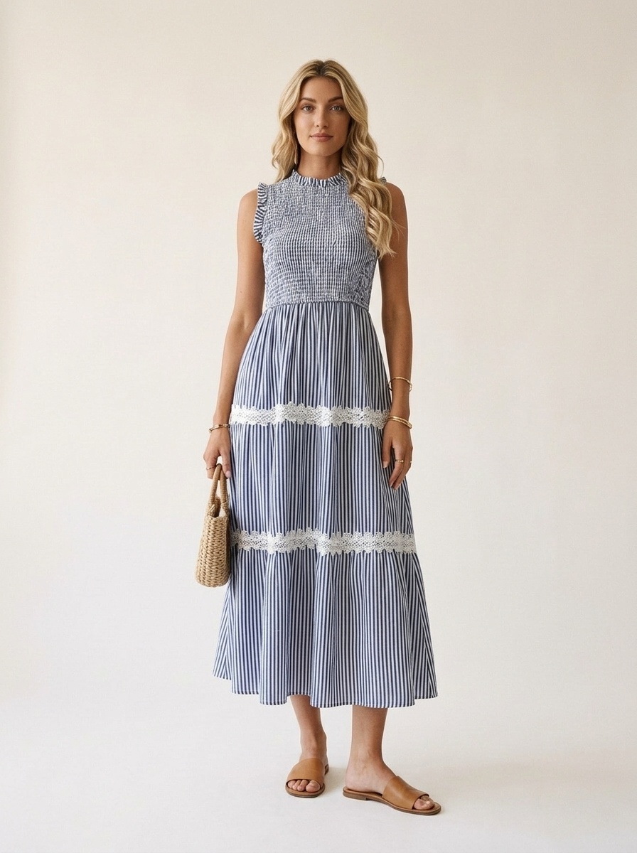 Robe midi à rayures et smocks à volants pour femme