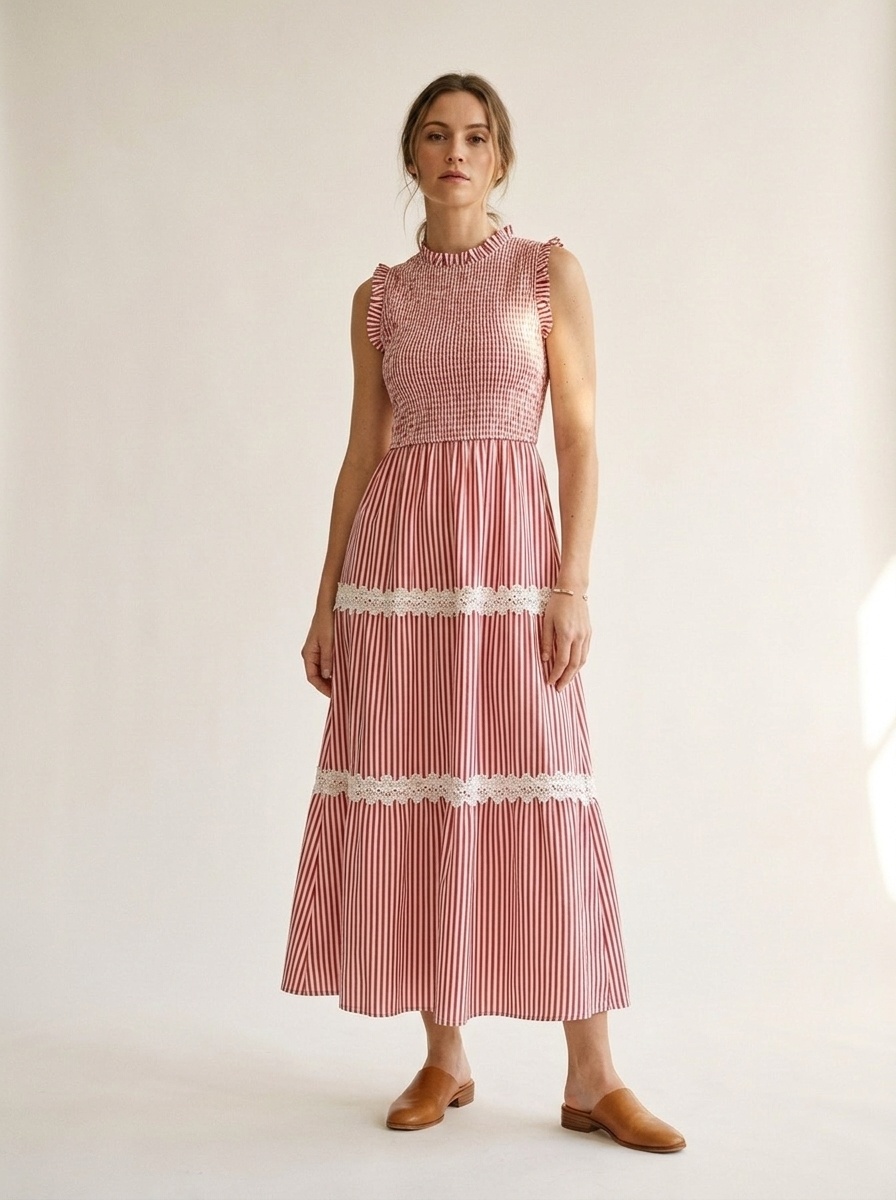 Robe midi à rayures et smocks à volants pour femme