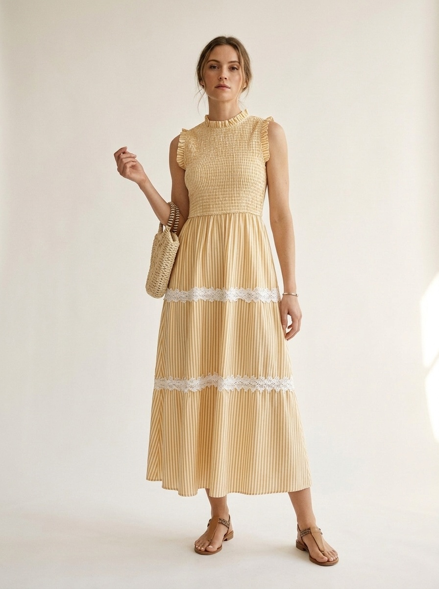 Robe midi à rayures et smocks à volants pour femme