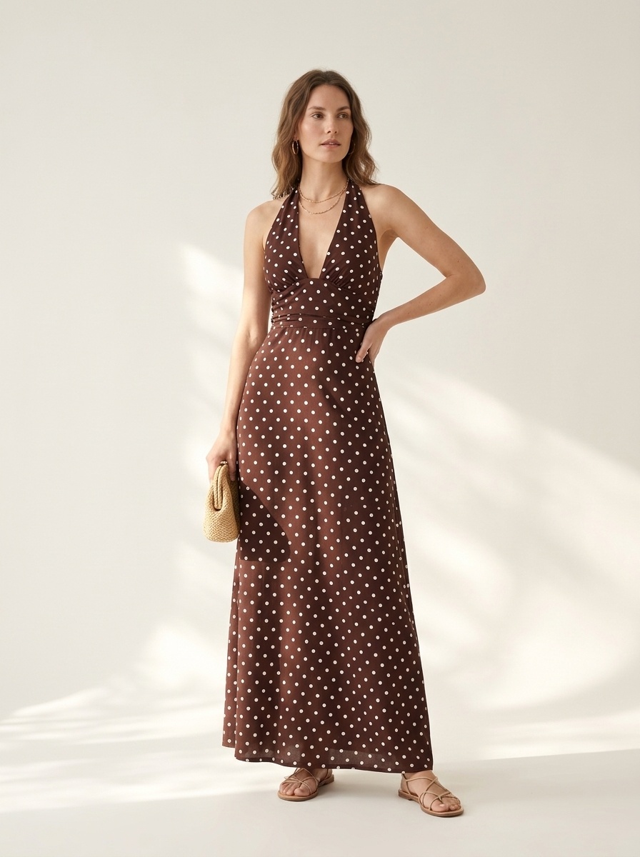 Abito lungo a pois con scollo all'americana