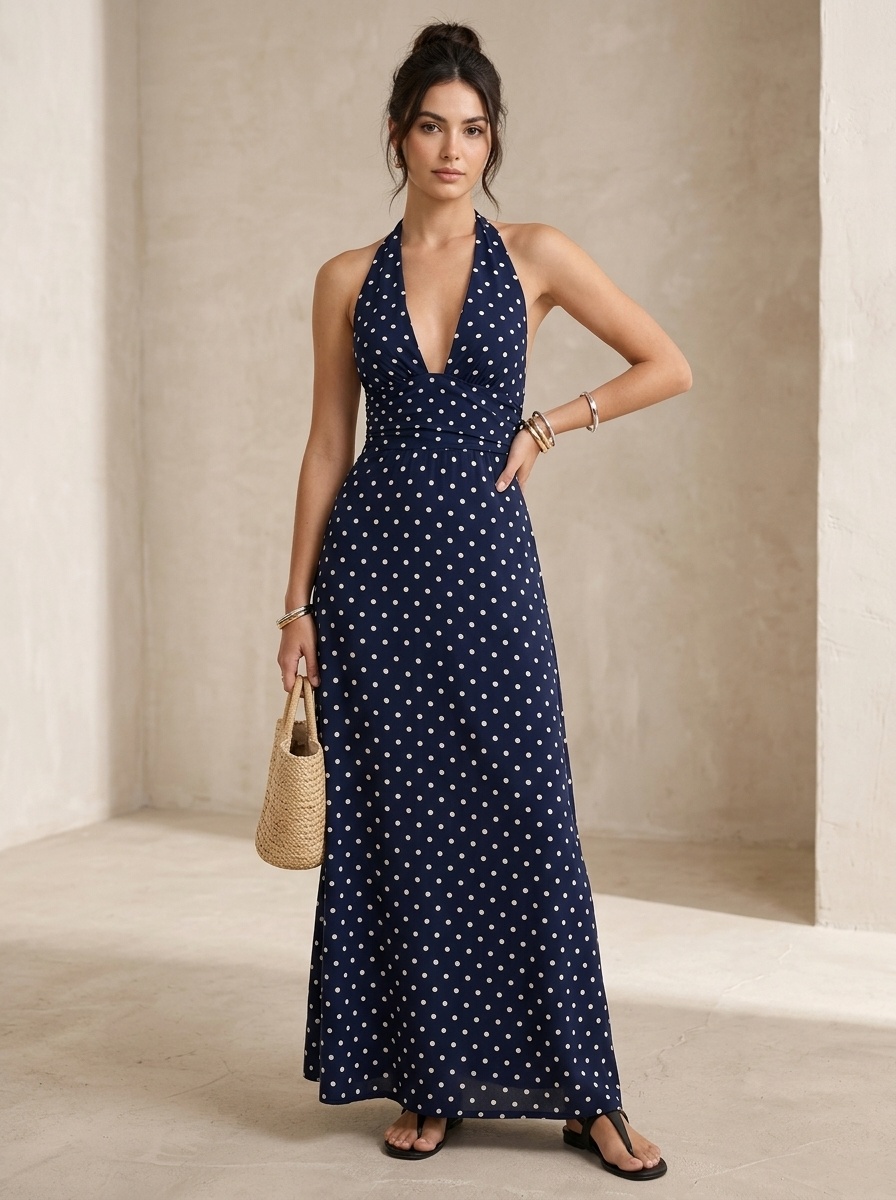 Abito lungo a pois con scollo all'americana