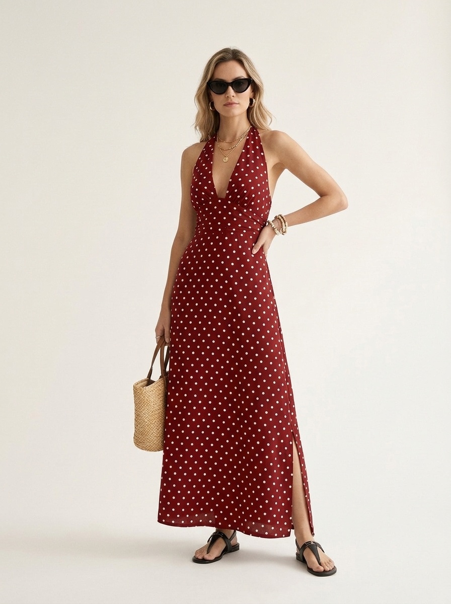 Abito lungo a pois con scollo all'americana