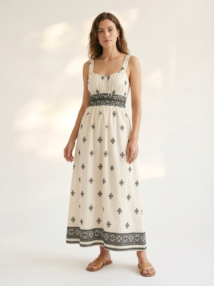 Abito midi con stampa boho e vita arricciata - Bianco sporco